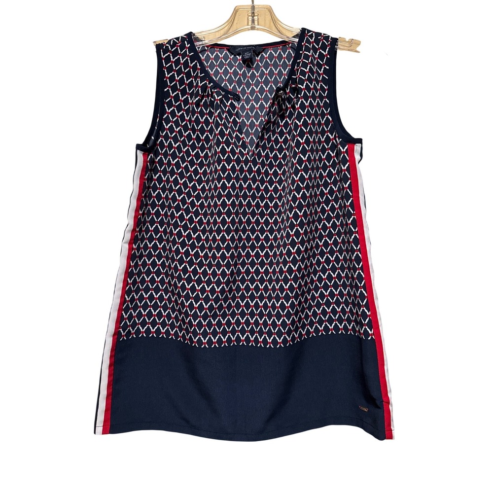 Tommy Hilfiger Womens XXS Navy Red Geometric Lattice Sleeveless Split Neck Top
